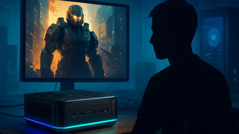 Игровой мини-ПК KAMRUI Hyper H2, демонстрирующий компактный дизайн и подсветку.