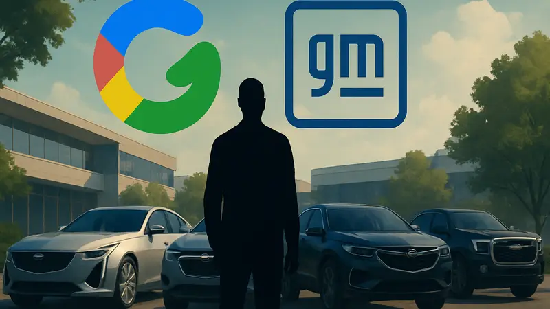 Логотип Google Gemini и General Motors, символизирующие интеграцию ИИ в автомобили Cadillac, Chevrolet, Buick, GMC