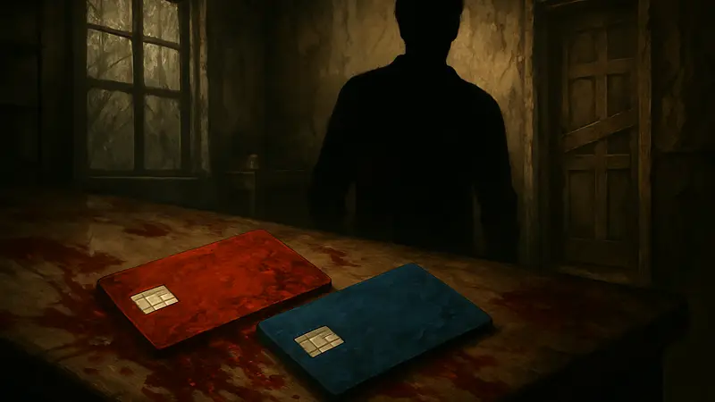 Игровой скриншот Красной и Синей ключ-карт из Resident Evil 7, лежащих на окровавленном столе.