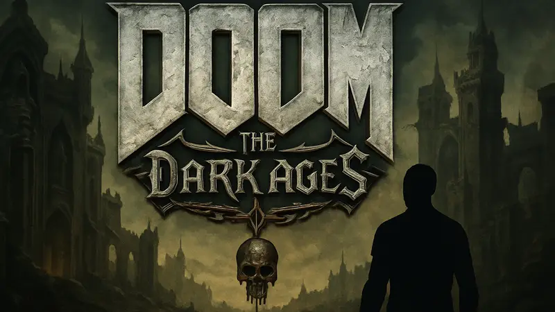 Логотип DOOM The Dark Ages с мрачными элементами, символизирующими отсутствие DLC, обложка игры