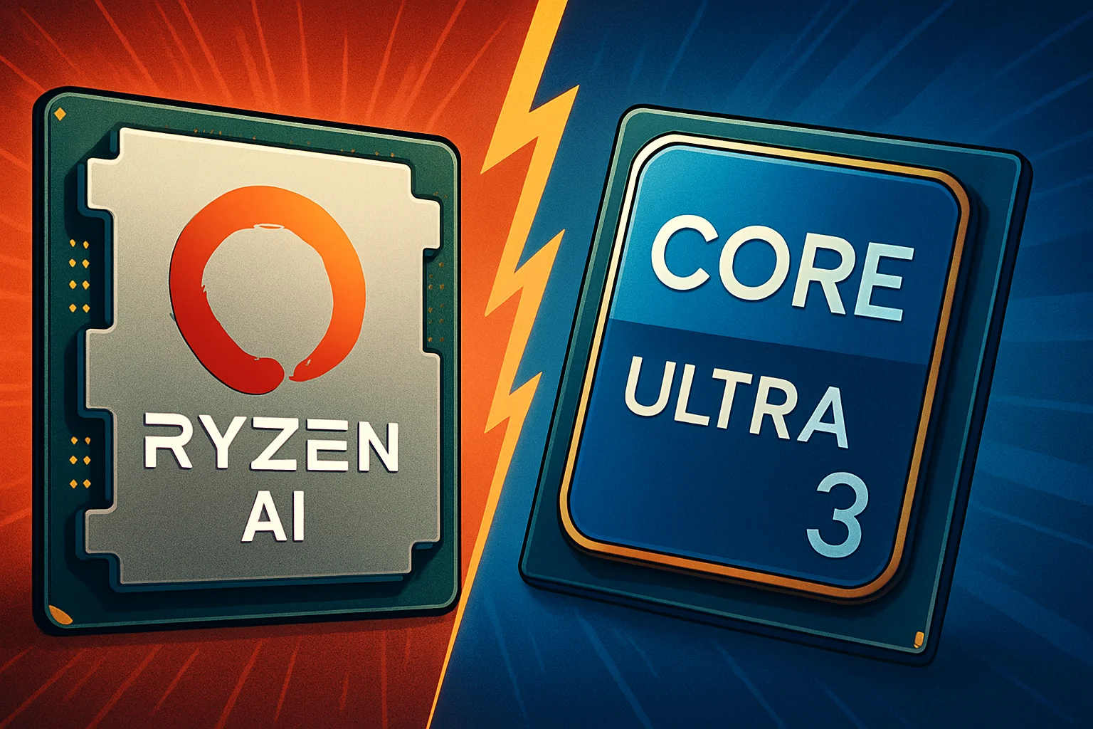 Логотипы AMD Ryzen AI и Intel Core Ultra 3, символизирующие конкуренцию процессоров.