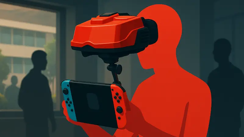 Аксессуар в виде Virtual Boy, прикреплённый к Nintendo Switch, с логотипом Switch Online.