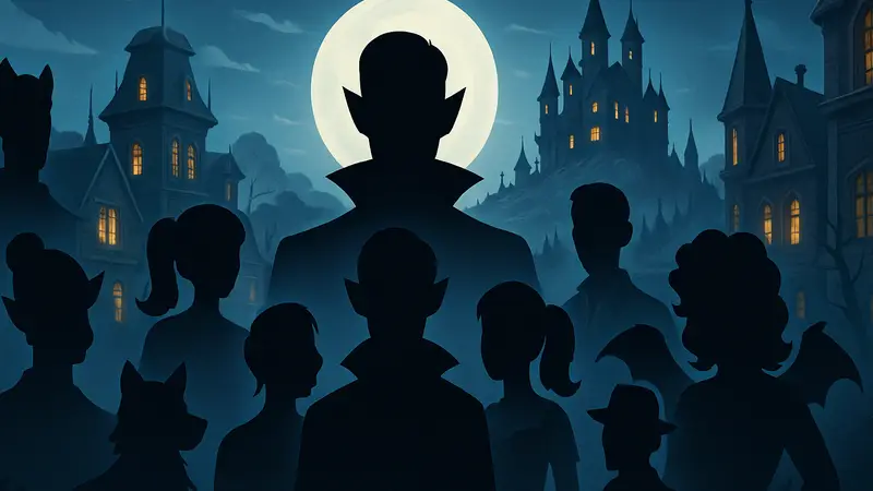 Коллаж с различными персонажами игры Moonlight Peaks, стилизованные под вампирскую тематику