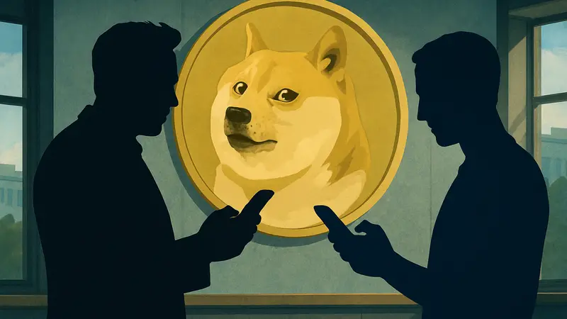 Илон Маск и Марк Цукерберг обмениваются сообщениями, на фоне виднеется символ Dogecoin.