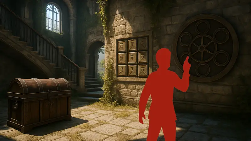 Скриншот из игры Crimson Desert, показывающий поместье Блюмонт и головоломки с сундуками.