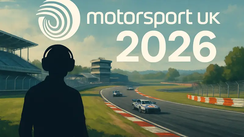 Логотип Motorsport UK на фоне гоночной трассы, символизирующий календарь киберспортивных соревнований по симрейсингу на 2026 год