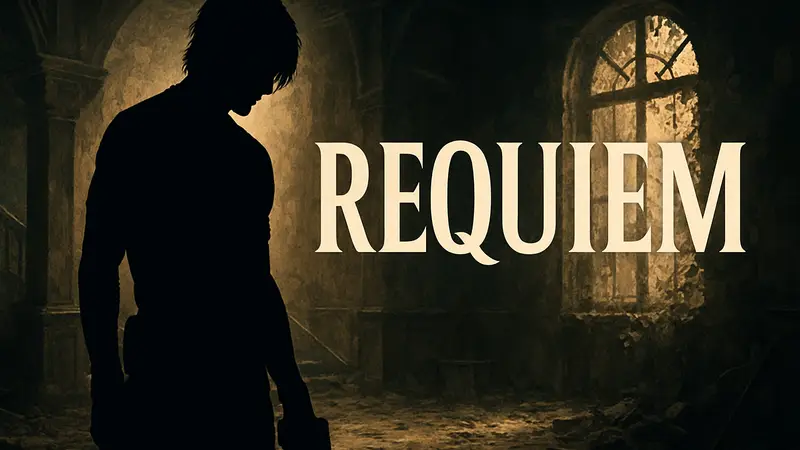 Леон Кеннеди из Resident Evil в драматичной позе, освещенный светом, с надписью Requiem.