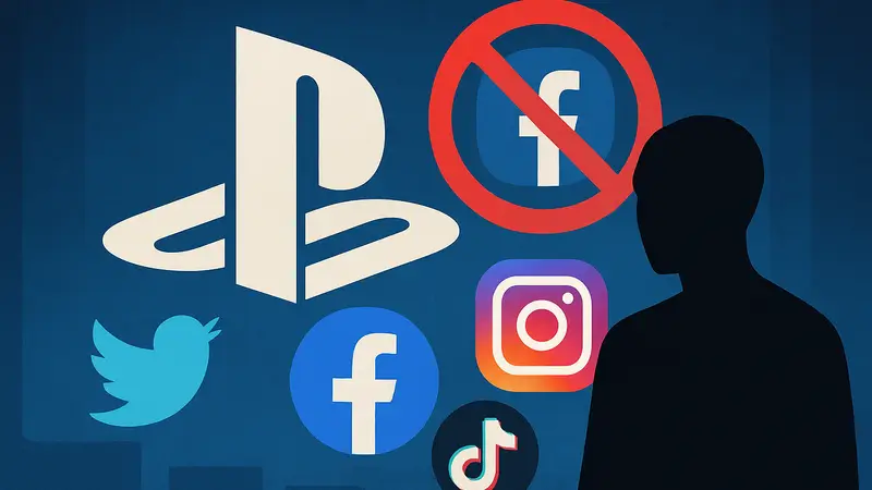Логотип Sony PlayStation на фоне иконок социальных сетей с перечеркнутым значком