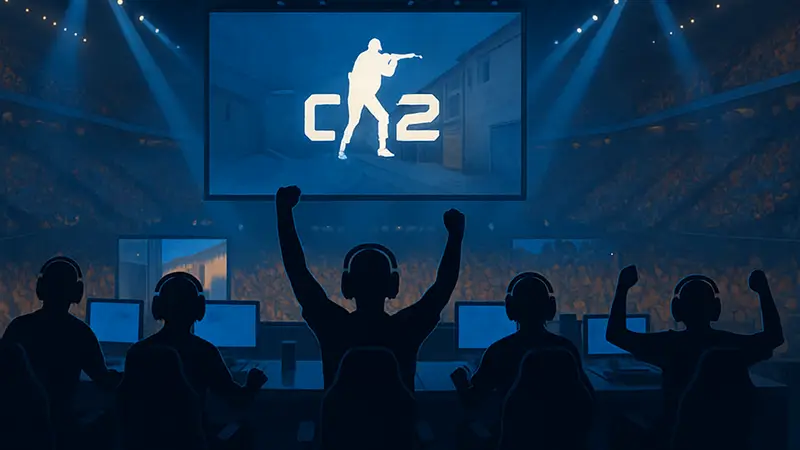 Игроки на сцене киберспортивного турнира во время гранд-финала BLAST Open Rotterdam по CS2