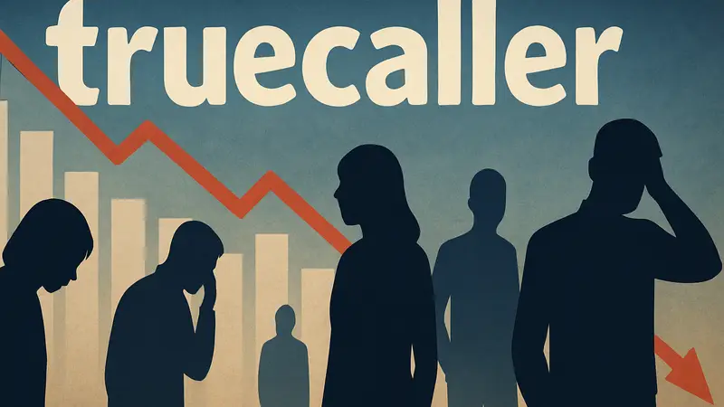 Логотип Truecaller на фоне графика падения доходов или силуэтов уволенных сотрудников.