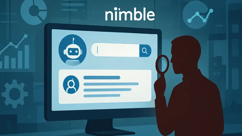 Иллюстрация агентского ИИ для поиска информации, с логотипом Nimble и значками аналитики данных.