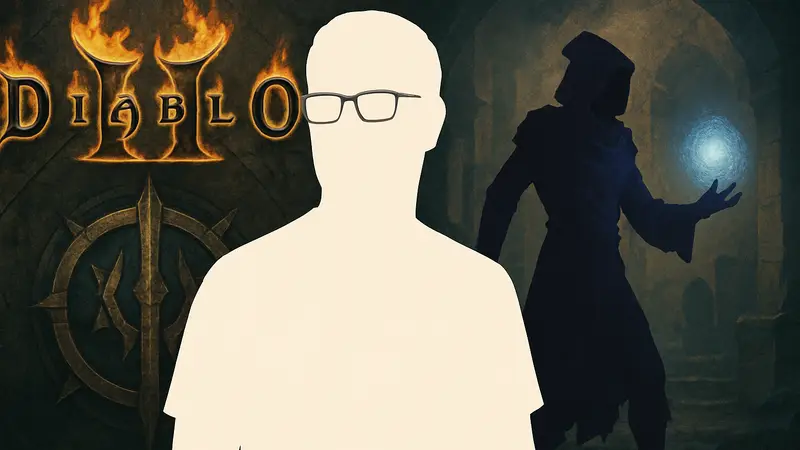 Крис Уилсон, разработчик Path of Exile, на фоне символики Diablo II и Чернокнижника