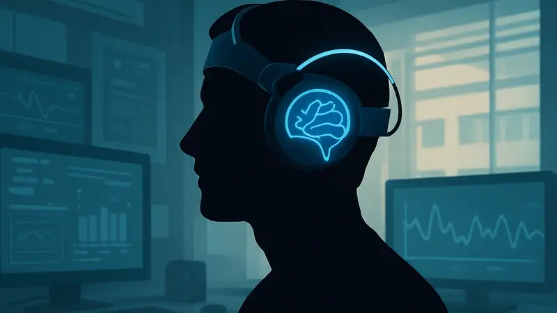 Человек в футуристической гарнитуре Mave Health, демонстрирующей стимуляцию мозга и улучшение внимания.