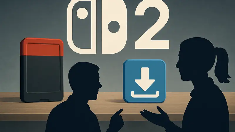 Игровые картриджи и цифровая иконка на фоне логотипа Nintendo Switch 2