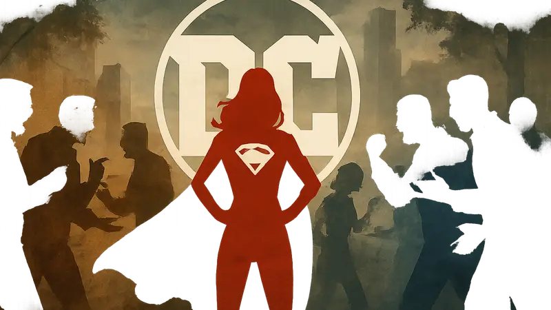 Логотип Supergirl с силуэтом героини на фоне конфликтующих сторон.
