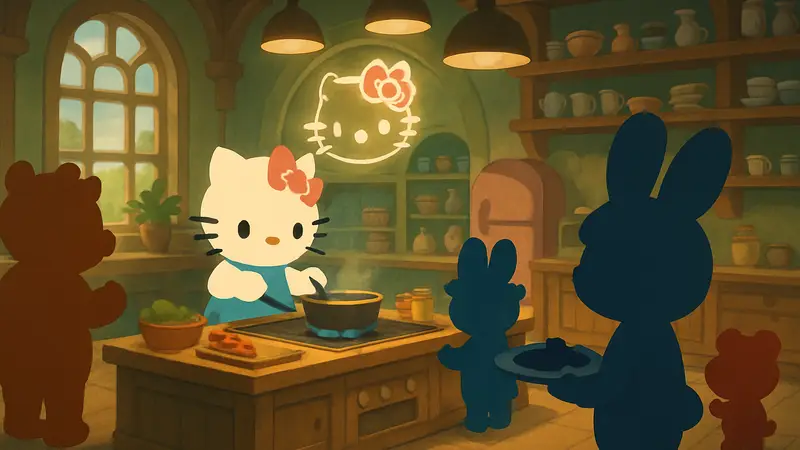 Персонажи Hello Kitty Island Adventure готовят на станции Шефа в Imagination Cafe.