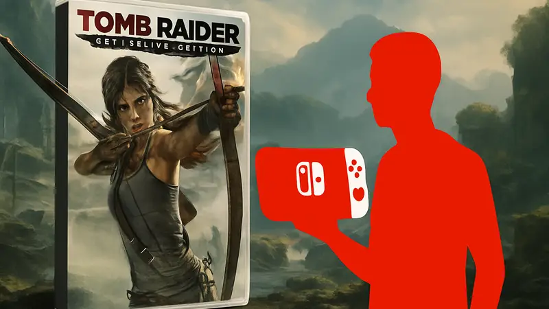 Обложка игры Tomb Raider Definitive Edition на фоне логотипа Nintendo Switch 2.