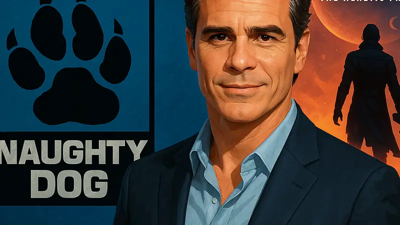 Тони Далтон, актер, на фоне логотипов Naughty Dog и Intergalactic: The Heretic Prophet