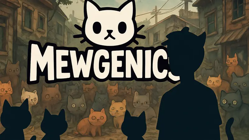 Логотип игры Mewgenics с котиками на фоне, анонсирующий русскую локализацию.