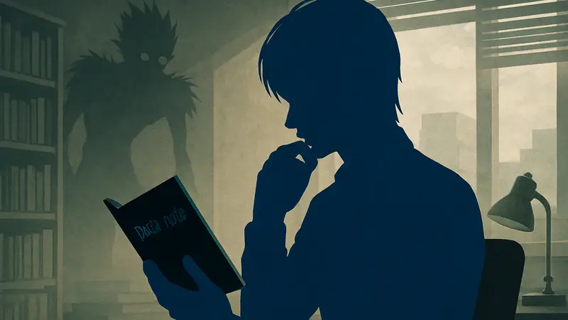 Лайт Ягами из Death Note с тетрадью смерти, символизирующий его гениальность и просчёты