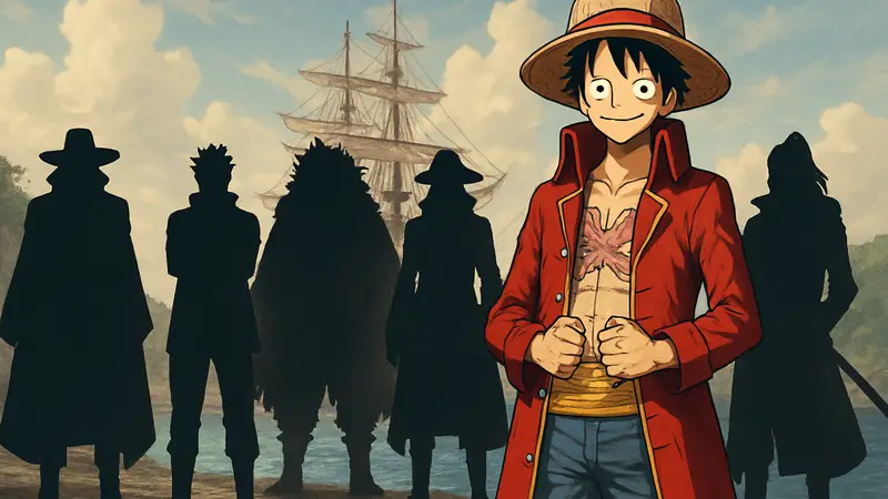 Луффи, главный герой One Piece, в своей капитанской форме после таймскипа, на фоне других капитанов.