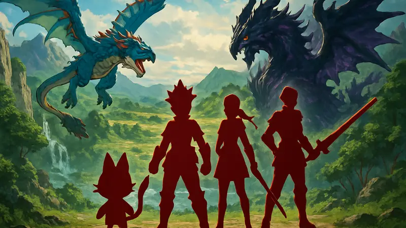 Обложка игры Monster Hunter Stories 3 Twisted Reflection, персонажи и монстры в аниме-стиле