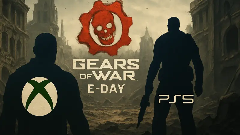 Логотип Gears of War E-Day на фоне разрушенного города с символикой Xbox и PS5.