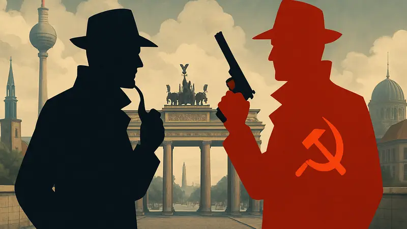 Обложка настольной игры Berlin 1960: агенты ЦРУ и КГБ на фоне Берлина, символизирующие холодную войну