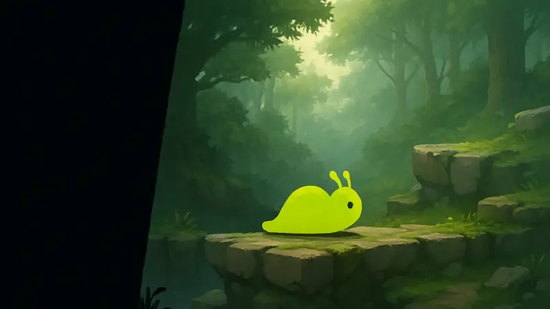 Скриншот игрового процесса SlimyLeap, показывающий слизняка, бегущего от черной полосы сбоку экрана.