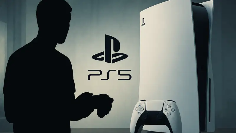 Логотип PlayStation 5 на фоне консоли с контроллером