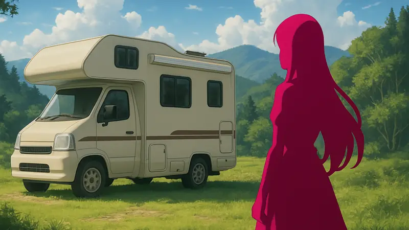 Кадр из аниме "Suterare Seijo no Isekai Gohan Tabi" с главной героиней и кемпинг-каром.