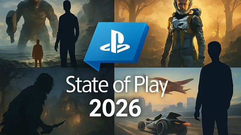 Логотип PlayStation State of Play 2026, на фоне кадров из игр для PS5.