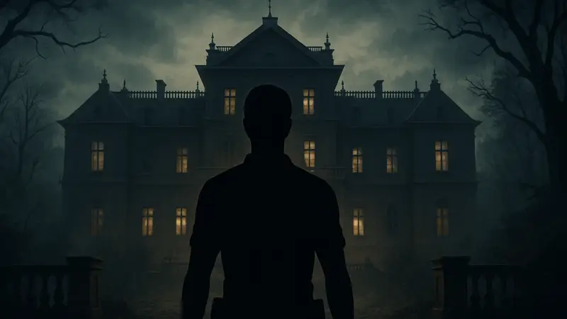 Изображение логотипа Resident Evil 1 Remake с силуэтом особняка Спенсера.