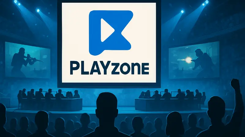 Изображение логотипа PLAYzone на фоне игрового турнира, символизирующее киберспортивные соревнования.