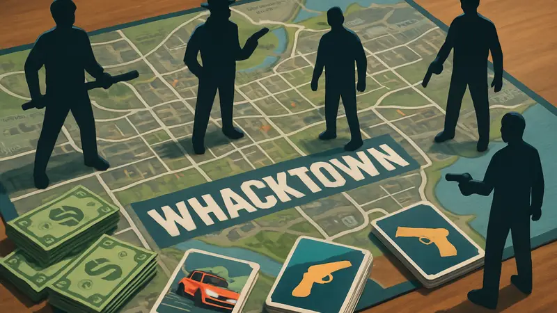 Игровое поле настольной игры Whacktown с фигурками бандитов, денежными купюрами и игровыми картами.