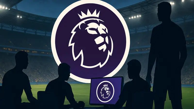 Логотип ePremier League на фоне футбольного стадиона с киберспортсменами.