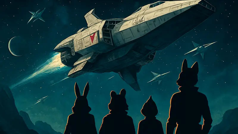 Постер игры Star Fox, выполненный в ретро-кино стиле, с изображением корабля Great Fox.