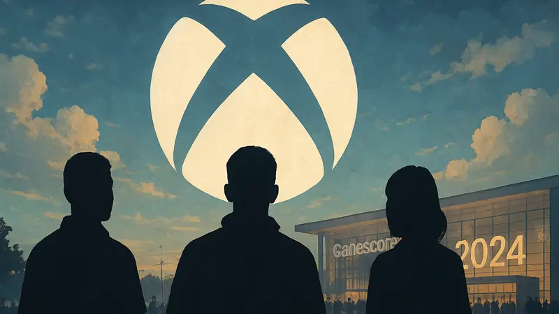 Логотип Xbox на фоне Gamescom 2024, обсуждаются перспективы игровой консоли.