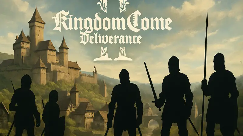 Логотип Kingdom Come: Deliverance 2 на фоне средневековых рыцарей и замков