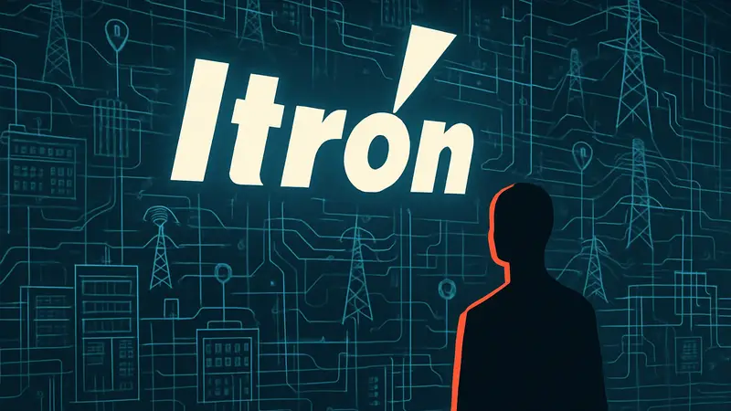 Изображение логотипа Itron на фоне схемы критической инфраструктуры или сети передачи данных.