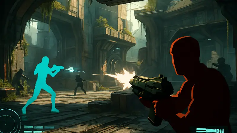 Кадр геймплея Marathon, демонстрирующий перестрелку в футуристической локации с элементами интерфейса.