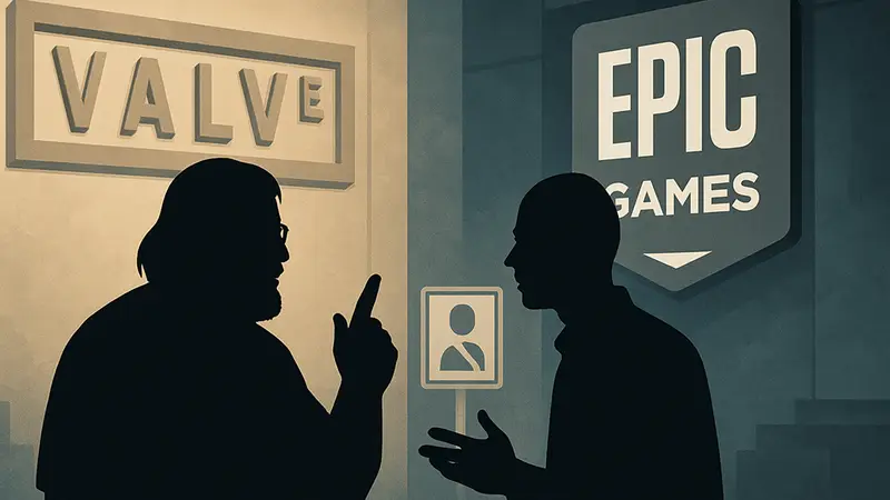 Гейб Ньюэлл и Тим Суини на фоне логотипов Valve и Epic Games, обсуждающие увольнения в игровой индустрии