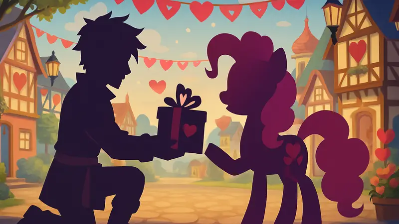 Персонажи Heartopia и My Little Pony вместе в праздничных костюмах, обмениваются подарками.