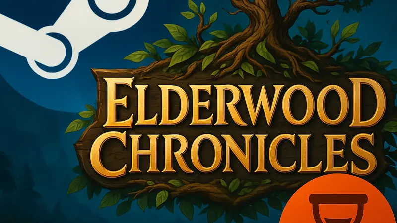 Логотип игры Elderwood Chronicles на фоне Steam, с надписью "Бесплатно 48 часов"