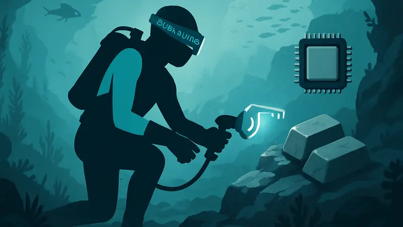 Изображение игрока Subnautica 2, собирающего ресурсы под водой, с процессором и титановыми слитками
