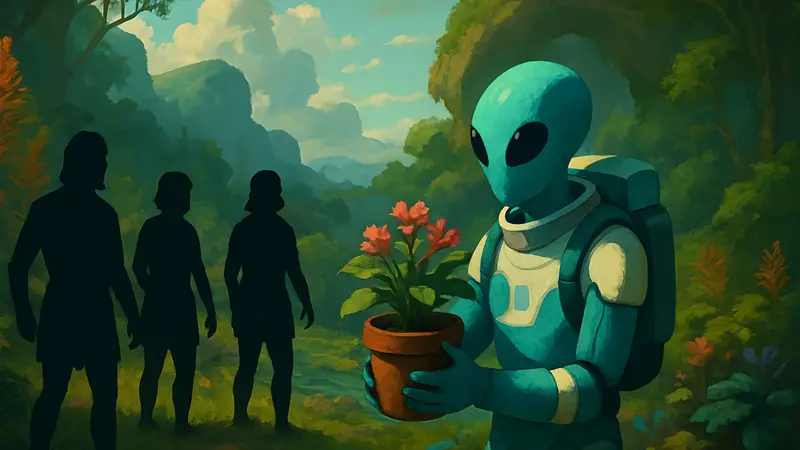 Скриншот игры Astrobotanica с пришельцем-ботаником и пещерными людьми в Steam.