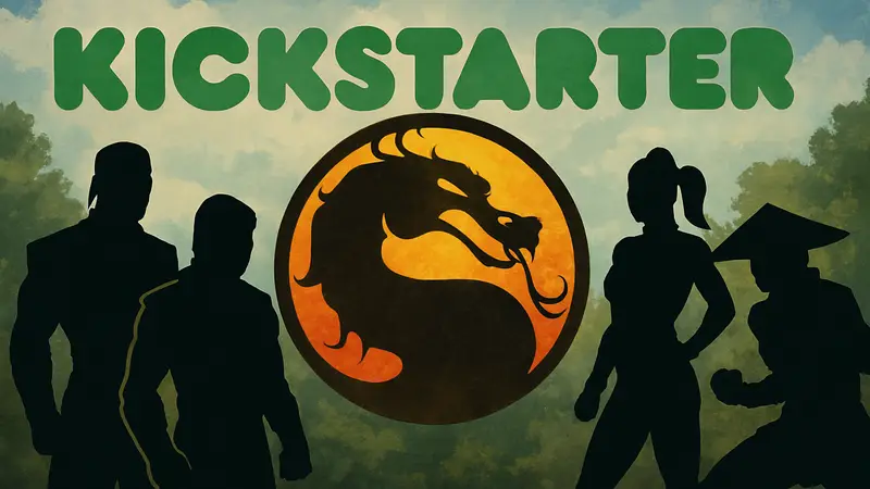 Логотип Mortal Kombat на фоне Kickstarter, стилизованный арт персонажей.