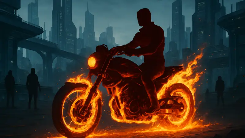 Пылающий байк в игре Neverness To Everness на фоне футуристического городского пейзажа.