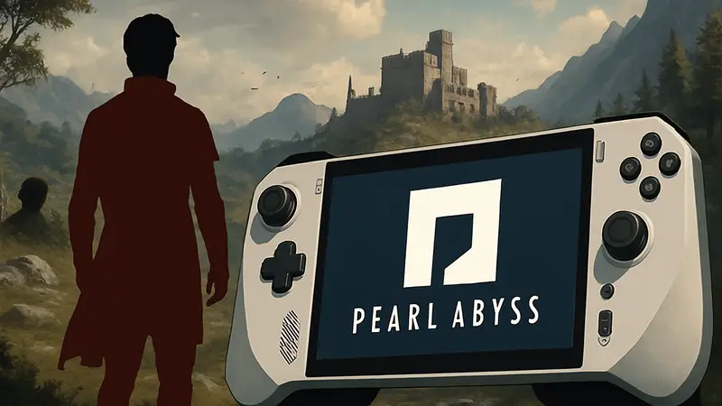 Логотип Pearl Abyss на фоне игры Crimson Desert, изображение портативного ПК ROG Ally X