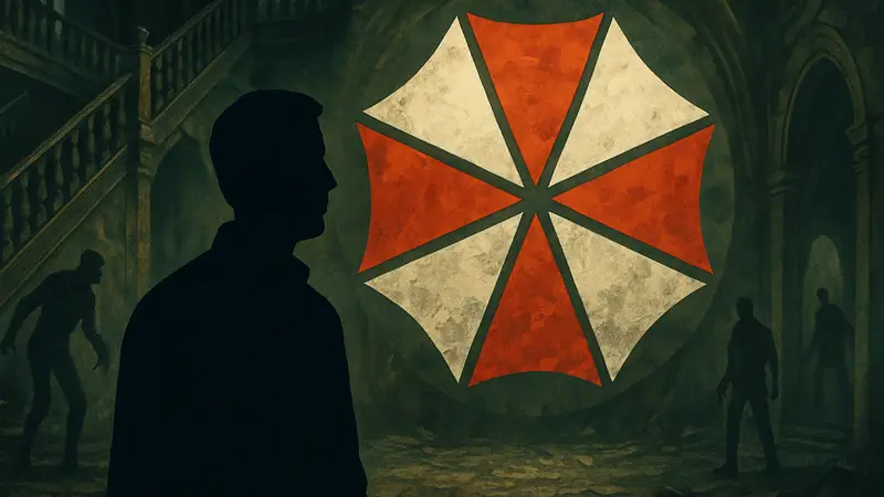 Кадр из фильма Resident Evil или Зак Креггер на фоне символов Resident Evil